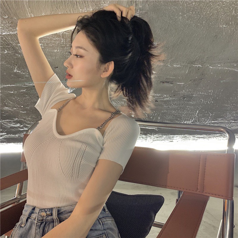 [ÁO DỆT KIM] Áo Len Nữ Mỏng Ôm Dáng, Áo Tăm Dây Xích Cổ V Tay Ngắn | BigBuy360 - bigbuy360.vn