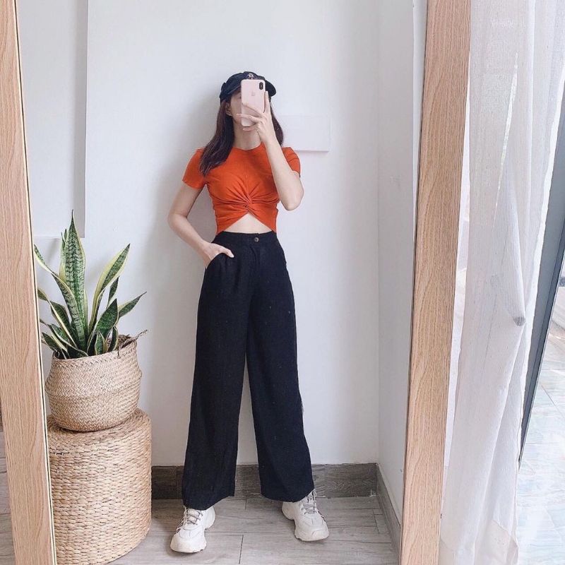 Quần ống rộng vải đũi dáng dài khóa thật lưng thun sau kiểu nhật chất mềm - Quần culottes ống suông dài mặc đi làm ở nhà