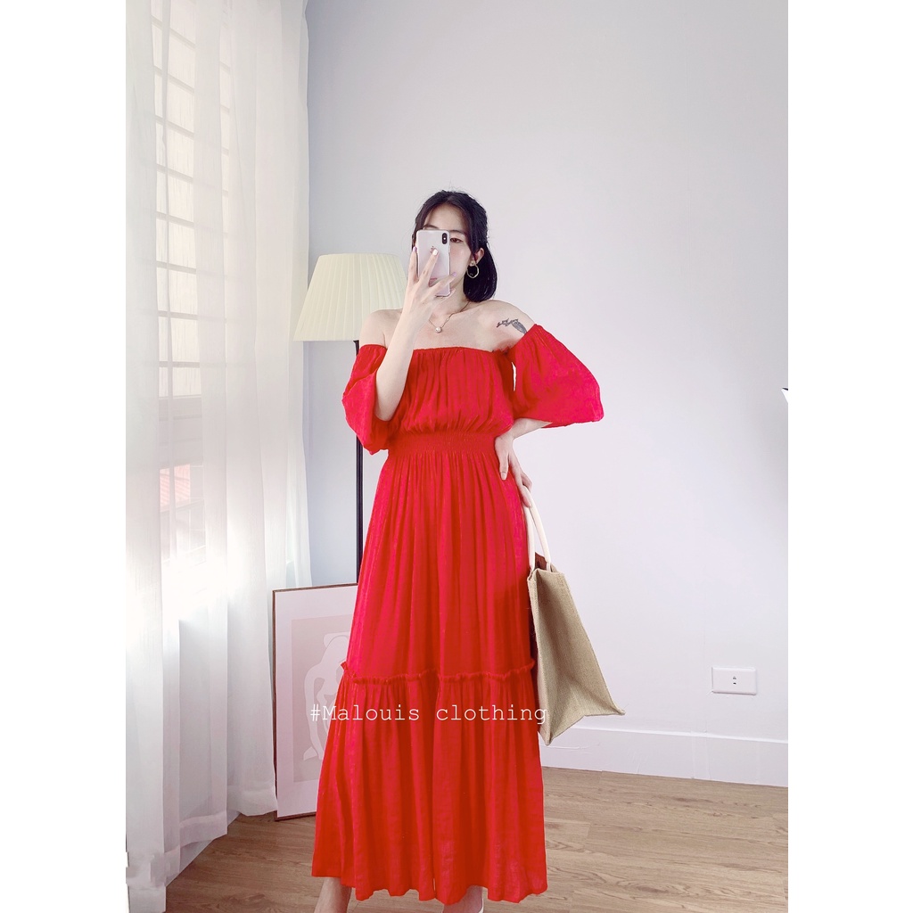 Đầm maxi cổ vuông màu xanh tay bồng chun eo dáng dài - V10