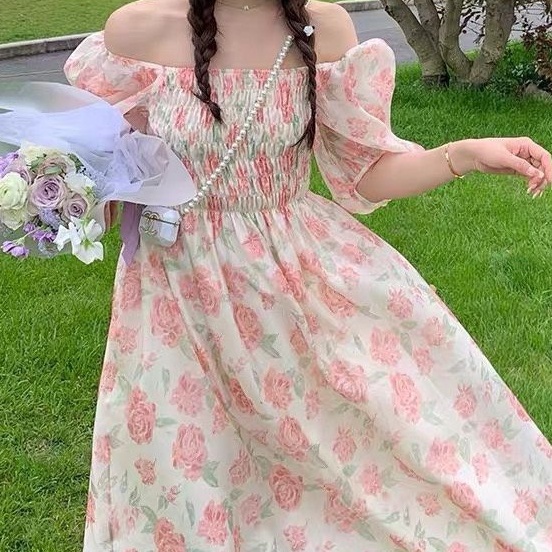 [MURIOKI] Đầm Hồng Trễ Vai In Họa Tiết Hoa Phong Cách Pháp Thời Trang Mới 2022 Cho Nữ