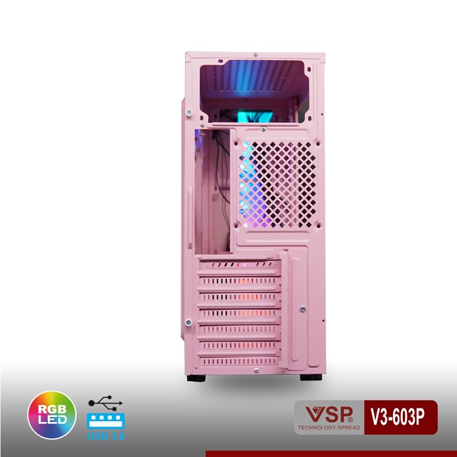 Vỏ case PC thùng máy tính chính hãng VSP V3-603P Pink Dãy LED RGB Hông trong suốt