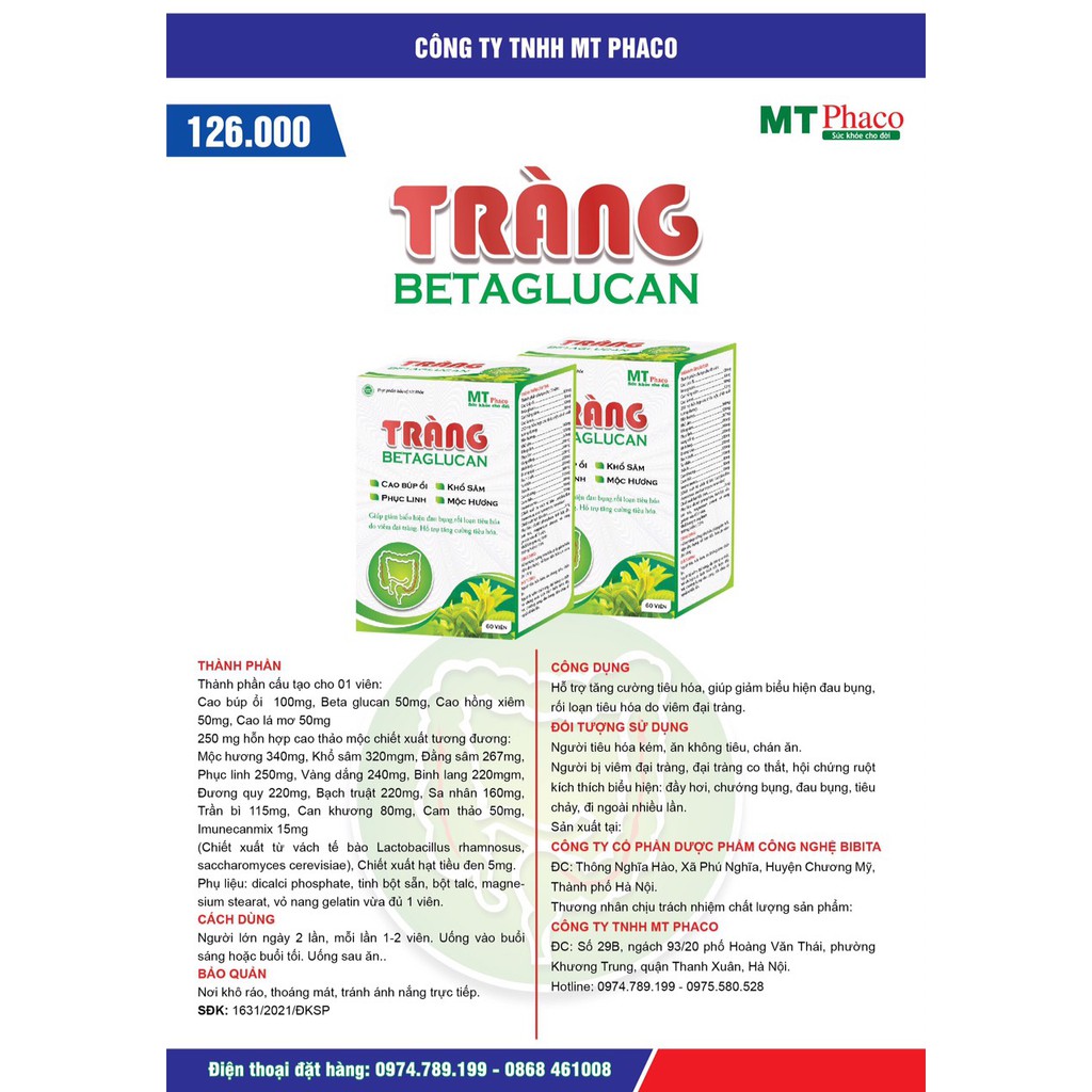 Viên uống Tràng Betaglucan giảm đau viêm đại tràng - Hộp 60 viên