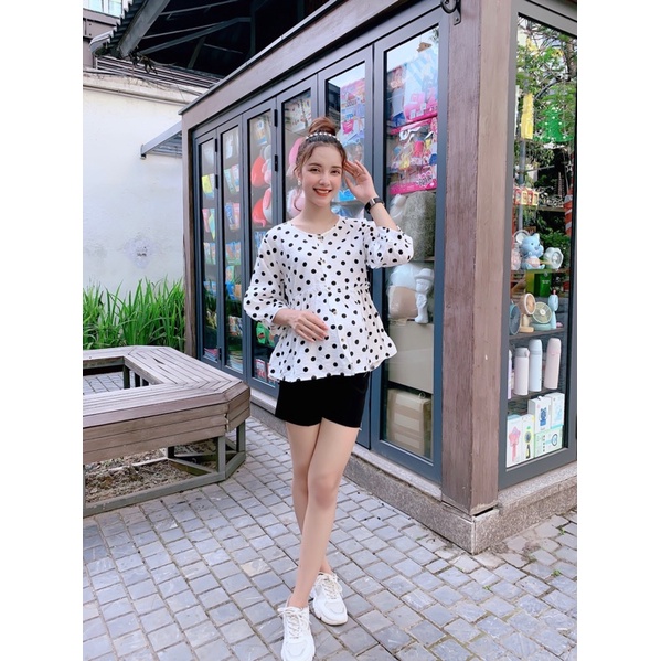 Áo bà bầu mùa hè tay lỡ chất tơ đũi chấm bi thiết kế cao cấp trẻ trung công sở