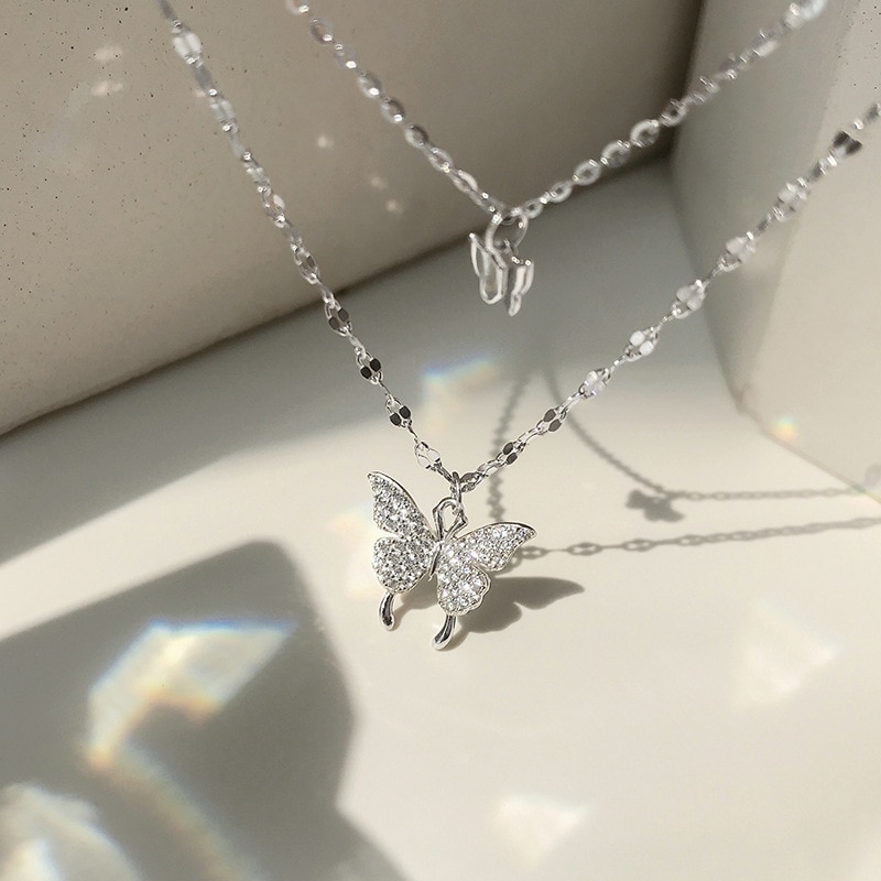 Flash Diamond Butterfly Double Necklace, For Women Simple Design Crystal Elegant Wedding Jewelry Gifts Necklaces