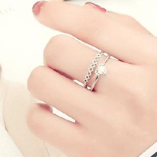 Nhẫn bạc mạ hình trái tim đính đá pha lê lấp lánh dạng hở có thể điều chỉnh kích cỡ phong cách ins hàn quốc