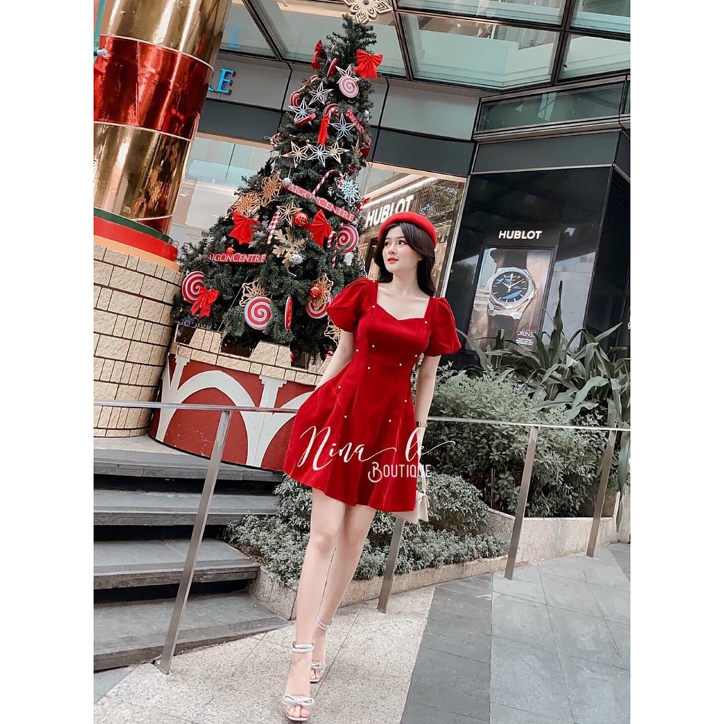 Đầm Xòe Tay Phồng Đính Cườm,Có Mút Ngực,Chất Liệu Umi,Màu Sắc Nhã Nhặn