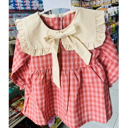 Váy Babydoll Tay Dài kết hợp họa tiết kẻ caro Cho Bé 10-18 kg