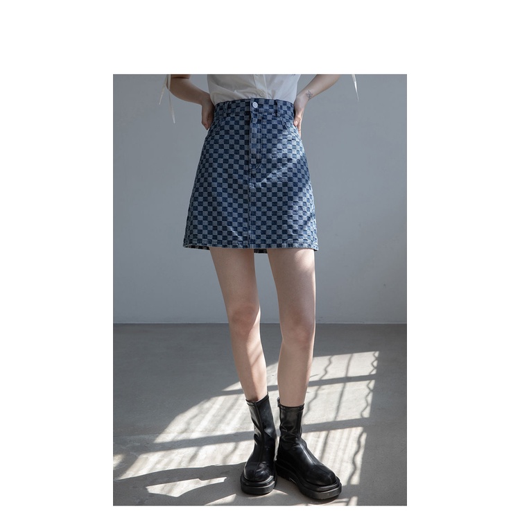 Chân váy jean Chữ A Lưng Cao Họa Tiết Sọc Caro Phong Cách Retro Cho Nữ
