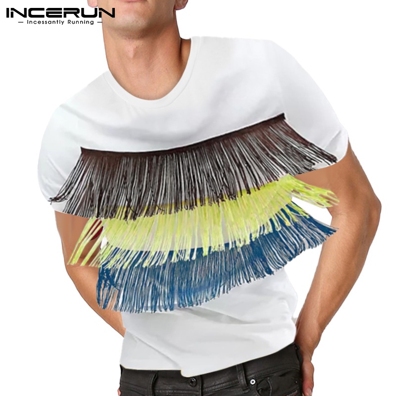 Áo thun INCERUN tay ngắn dáng rộng phối tua rua nhiều màu sắc thời trang sành điệu cho nam