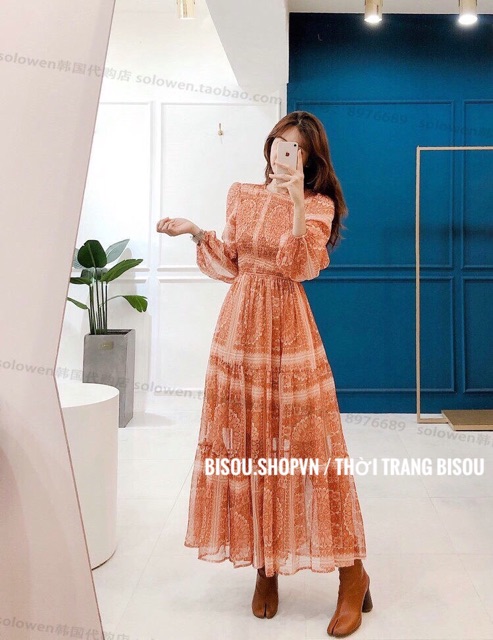 ĐẦM VÁY MAXI HOẠ TIẾT THỔ CẨM BOHO DÁNG DÀI XOÈ TAY PHỒNG CAM