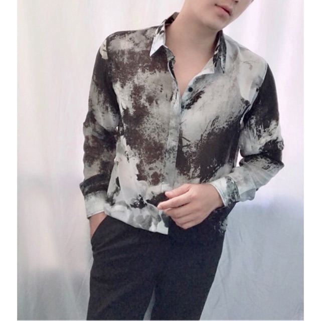 Áo sơ mi nam vải chiffon cao cấp ,họa tiết xám khói