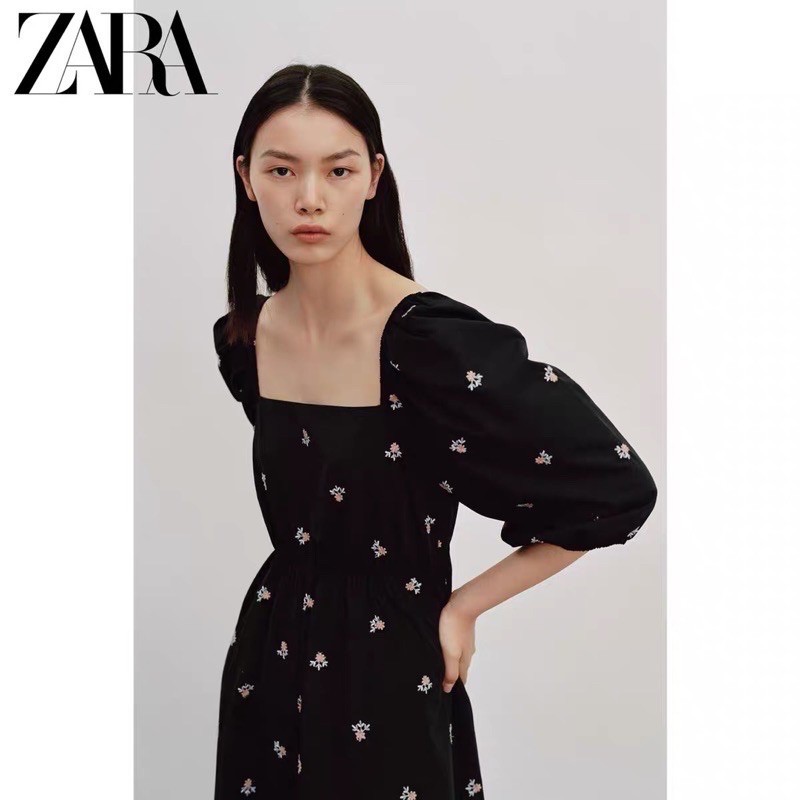 (Oder) Váy midi cổ vuông hoa thêu Zaraaa dư sịn