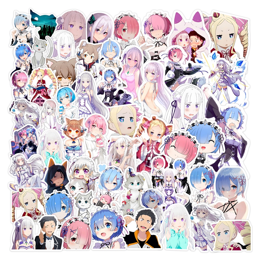 Hình Dán Anime Re:Zero - Set 50 Sticker Ran Rem Emilia Beatrice - Giấy Decal chống nước đẹp - Size 4-5 cm