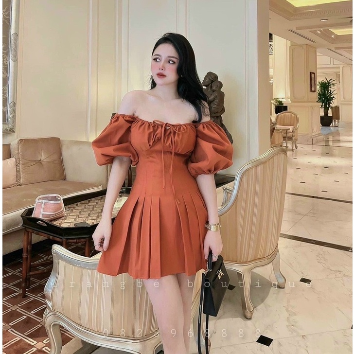 Váy đầm nữ dáng xòe xếp ly tay phồng có thể mặc được hai kiểu trẻ trung thời thượng