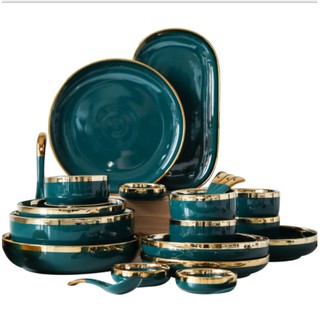 (TẶNG DĨA TRÁI TIM ĐƠN 350K)) Tô Chén Bát, Tô Bát Dĩa Gốm Sứ Màu Xanh Bóng Viền Vàng -  Gốm Sứ Tráng Men Bắc Âu