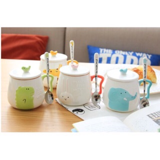 Cốc có nắp đậy kèm thìa sứ xinh hình thú