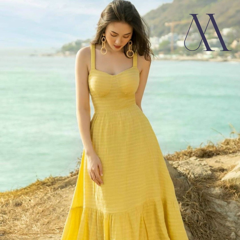 ĐẦM 2 DÂY CÚP NGỰC KÈM MÚT NGỰC. SIZE S M L. MÀU VÀNG. MAXI ĐI BIỂN. CHẤT LIỆU VẢI XÔ LỤA