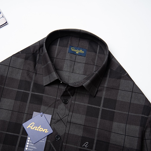 Áo Sơ Mi Nam Công Sở Trung Niên Anton Somianton Màu Đen Ngắn Tay Họa Tiết Kẻ Caro Vải Sợi Tre Thoáng Mát - NC131