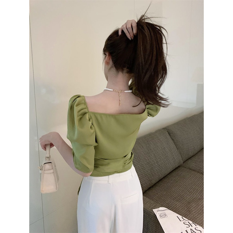 Áo Sơ Mi Tay Ngắn Phồng Cổ Chữ V Thắt Nút Chất Liệu Satin Kiểu Dáng Mới