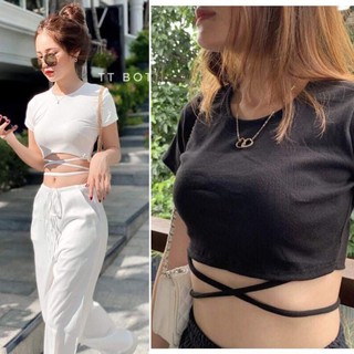 Áo Croptop Đan Dây Eo Nữ [FREESHIP] 🌸 Phông thun body dáng ôm, thiết kế basic màu ĐEN | TRẮNG Ulzzang HOT 🌸