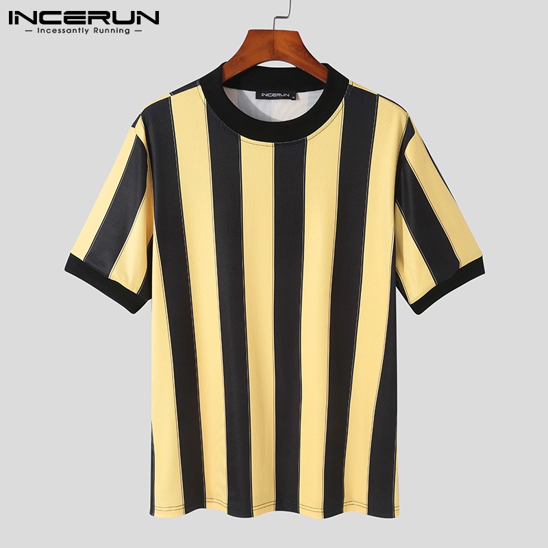 Áo thun Incerun ngắn tay cổ tròn họa tiết kẻ sọc 3 màu thời trang cho nam