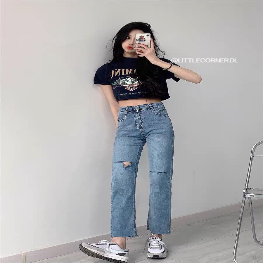 Quần slim baggy jeans nữ Destroyed rách xẻ lưng cao có BIGSIZE quảng châu kèm ảnh thật hàng sẵn