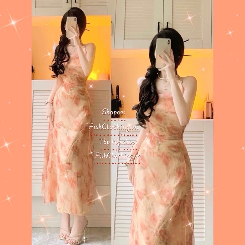 PASS maxi fishclothing.vn🎀Đầm đi biển maxi vải voan công chúa cổ yếm màu cam hở lưng sexy