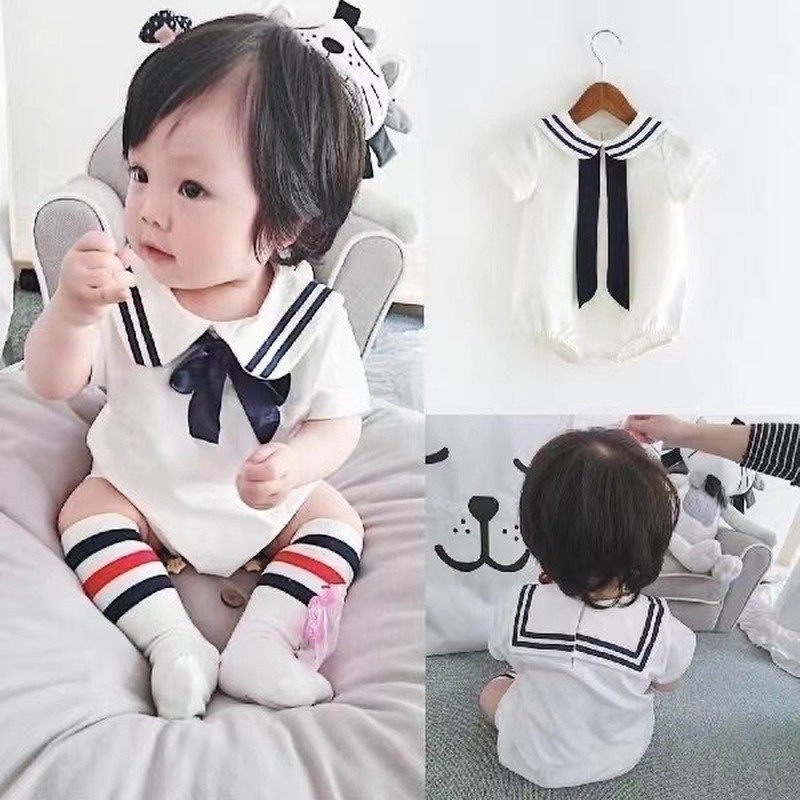 Bộ Áo Liền Quần Tay Ngắn Vải Cotton Phối Nơ Phong Cách Thủy Thủ Thời Trang Mùa Hè Hàn Quốc Cho Bé Gái