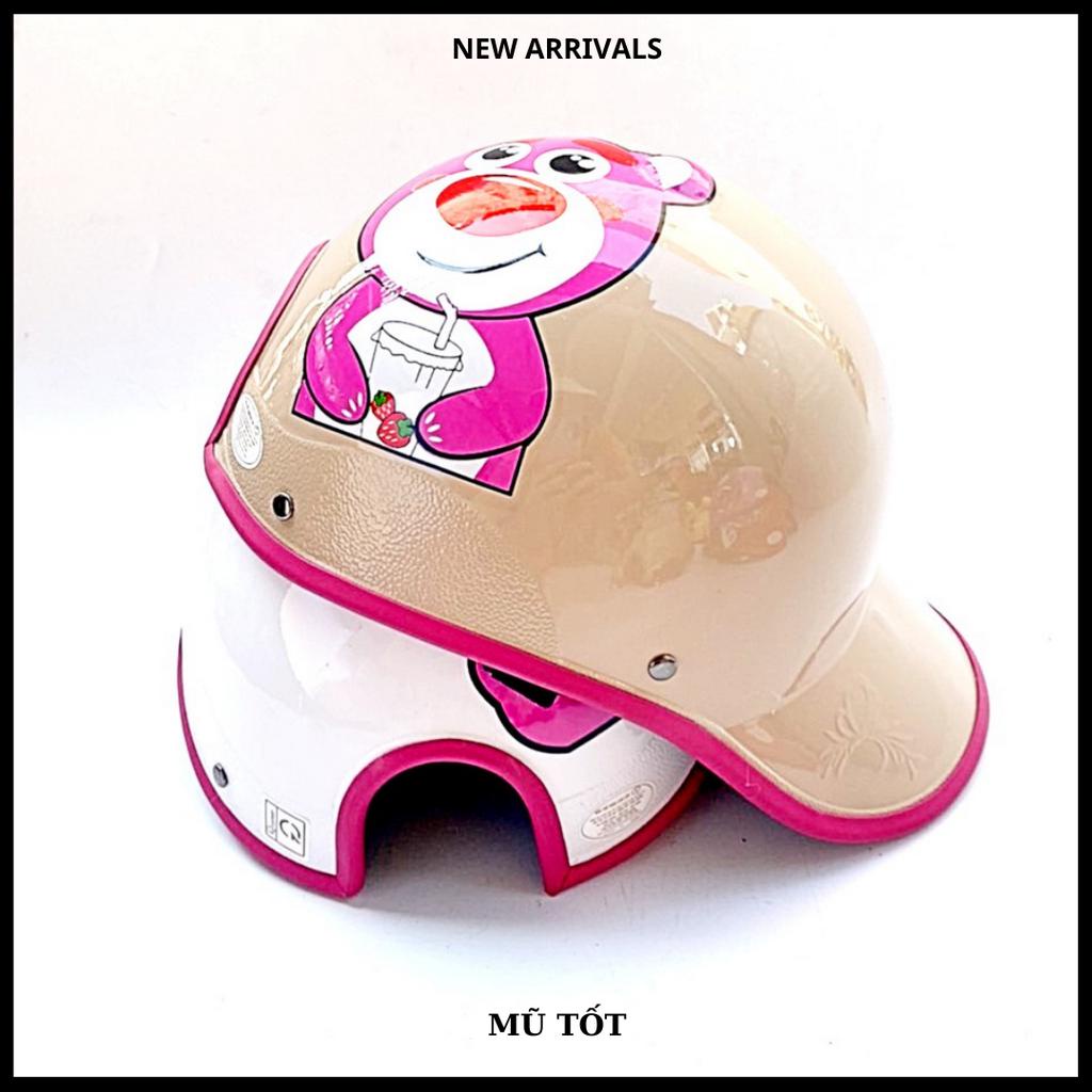 Mũ bảo hiểm thời trang hình gấu hồng dâu lotso 2 lớp cao cấp nhiều màu, hàng Trí Liễu dày dặn chắc chắn có lỗ cột tóc