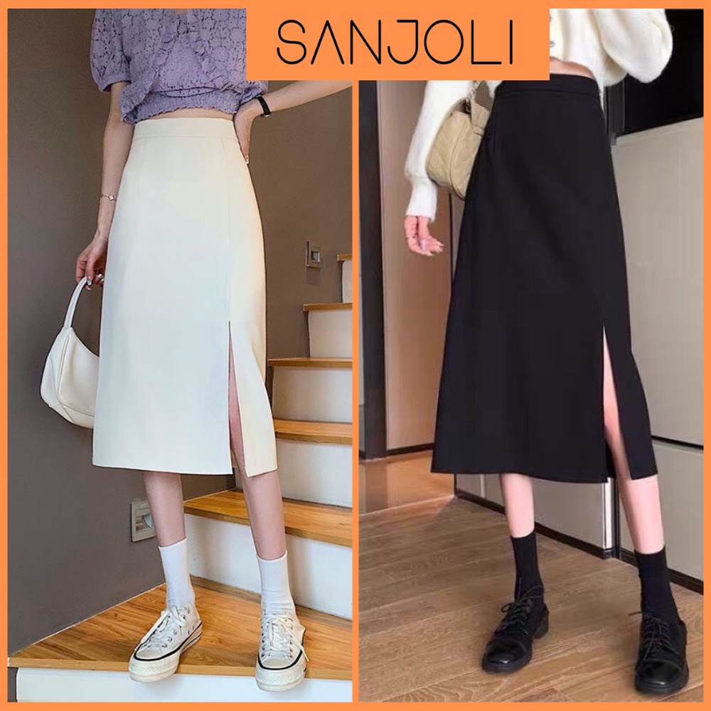 Chân Váy Chữ A SANJOLI Chân Váy Dài Đen Công Sở Thiết Kế Qua Gối Ôm Body Dáng Midi Xẻ Tà Cạp Cao ulzzang Maxi CV001