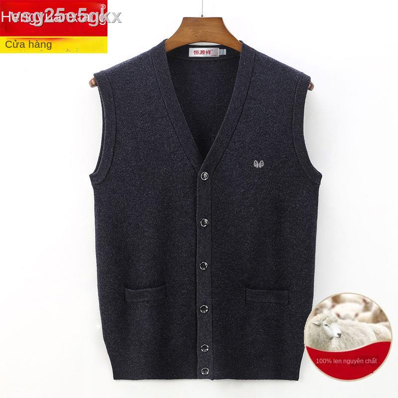 ✁ hàn quốcHengyuanxiang áo vest len ​​của nam giới mùa thu và đông không tay đan cardigan cho người trung niên cao tuổi