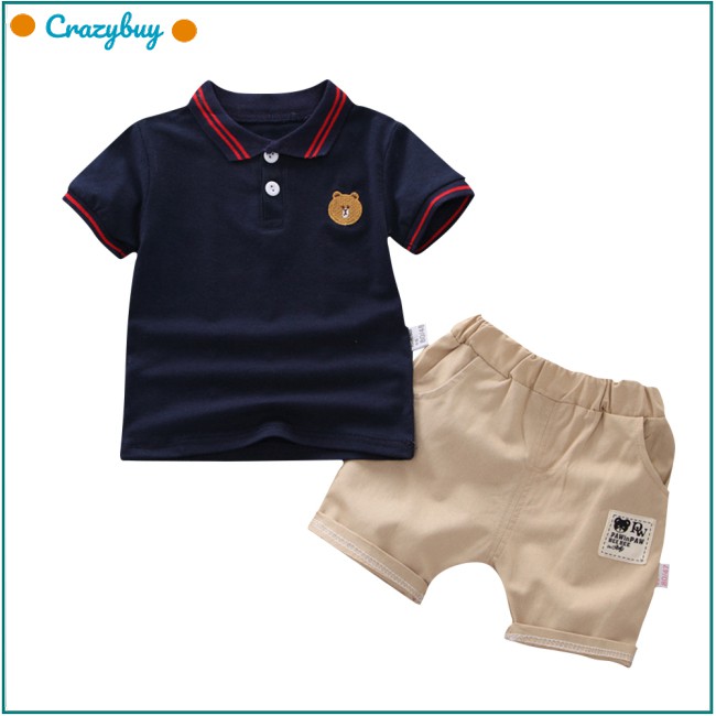 Set áo sơ mi thêu hình gấu &amp; quần short cho bé trai