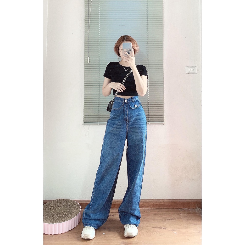 [ VIDEO NGỌC NỮ ] QUẦN JEANS ỐNG RỘNG NỮ LƯNG CAO TÚI NẮP MÀU XANH ĐẬM RÂU MÈO LAI CUỐN FORM DÀI RỘNG SIÊU HOT HIT HADI