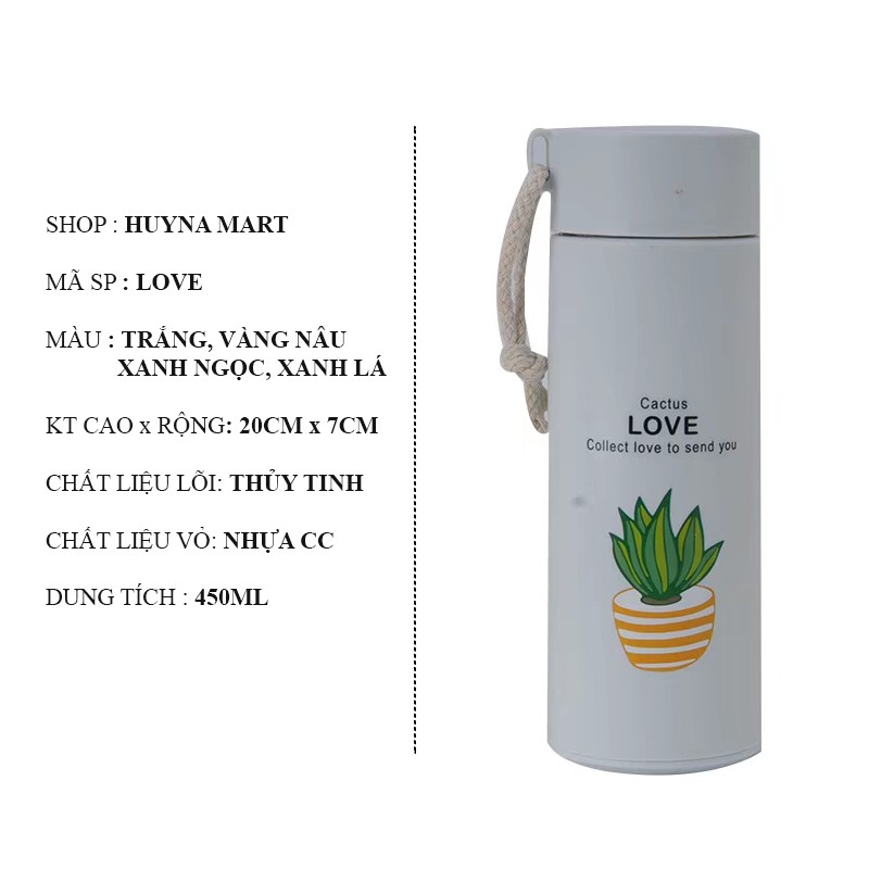 Bình Nước Giữ Nhiệt Lõi Thủy Tinh 6OUP/LOVE In Hình Cute 450ml BGN02