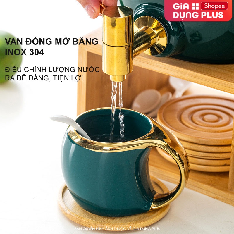 Bộ Chum Đựng Nước, Kèm Tách Bằng Gốm Sứ & Kệ Gỗ Sang Trọng | Màu Xanh Ngọc Lục Bảo Cao Cấp