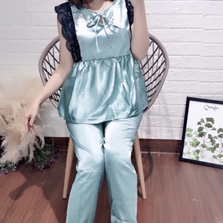 Pizama tay cộc quần dài phi lụa sát nách phối ren tiểu thư