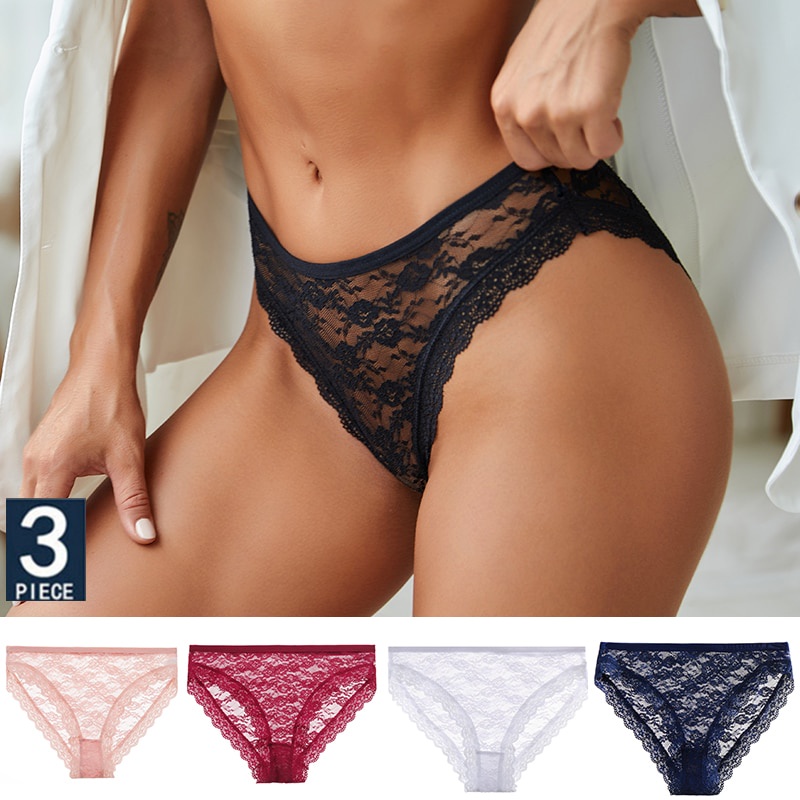 Cute Byte Bộ 3 Quần Lót Ren Hoa Xuyên Thấu Dễ Thương Cho Nữ Size M-2XL