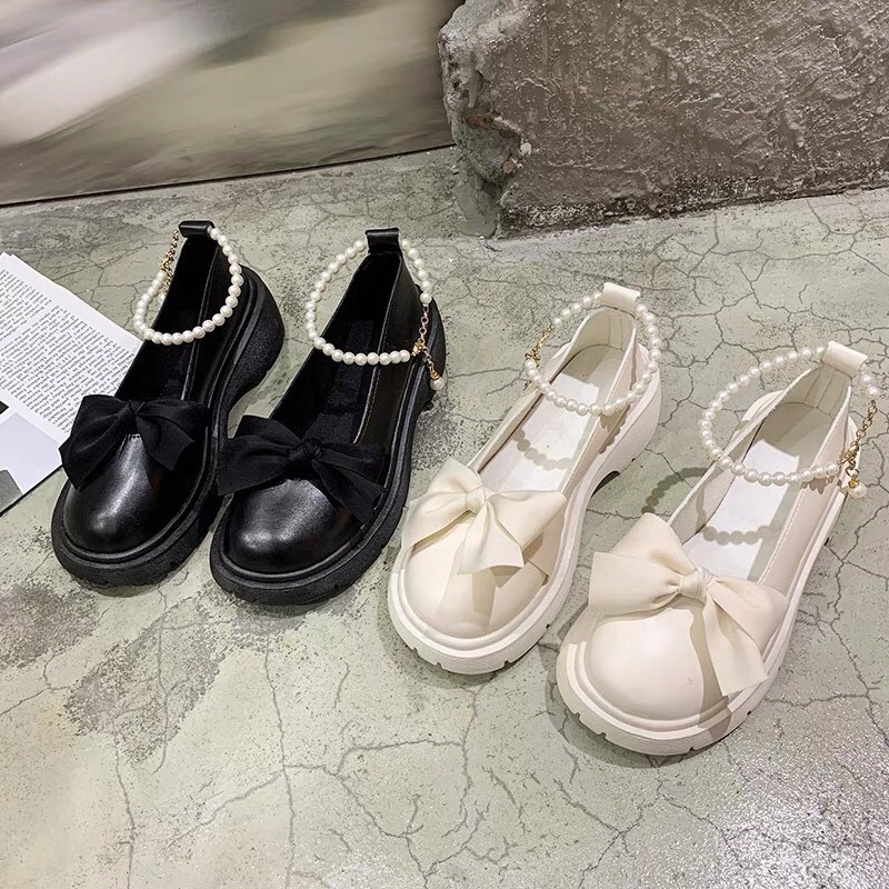 Giày Lolita Nữ Quai Ngọc Mũi Nơ, giày búp bê nữ phong cách hàn quốc
