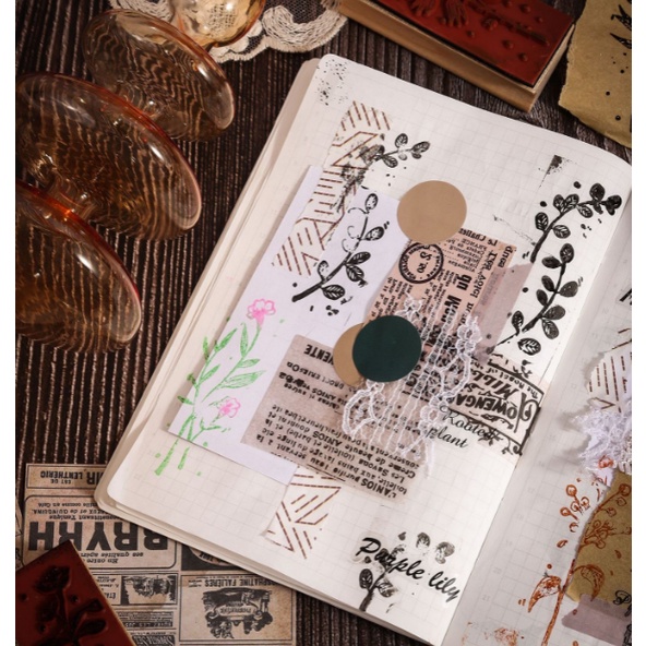 KimiTape Bộ 8 dấu gỗ cành hoa vintage độc đáo trang trí Bullet Journal