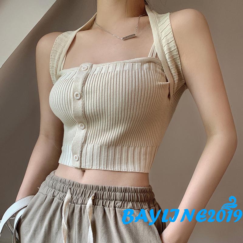 Áo Croptop Hai Dây Dệt Kim Màu Trơn Phối Nút Đơn Giản Cho Nữ