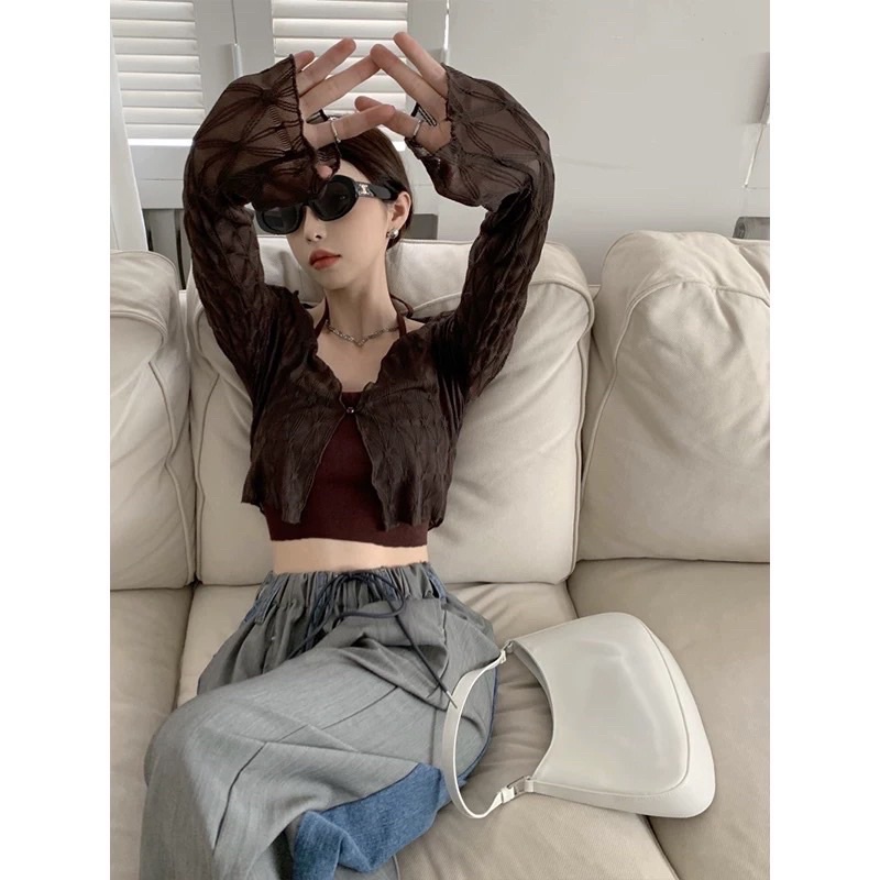 Sét áo kiểu croptop hình trám mix áo 2 dây nâu Quảng Châu