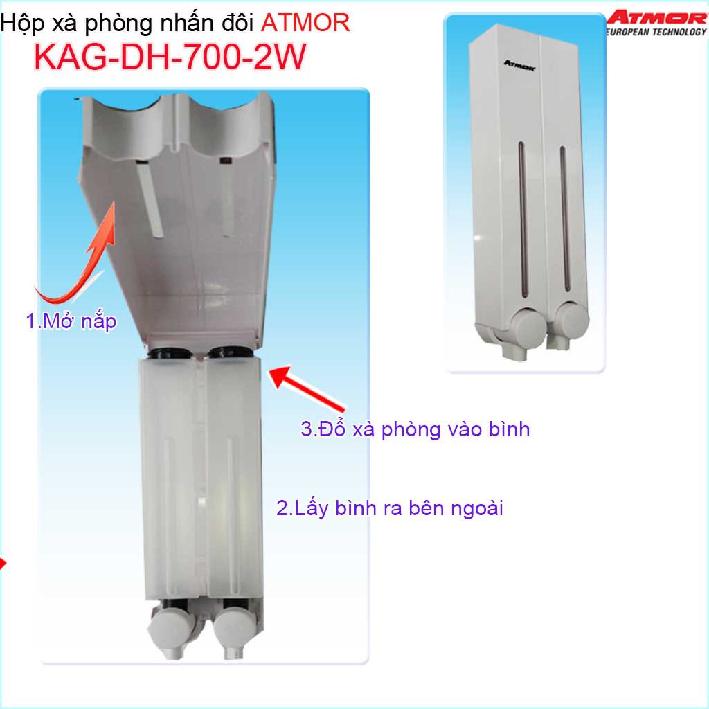 Hộp nhấn xà phòng Atmor KAG-DH7002W-white trắng, bình xịt xà bông 500ml x2 thiết kế sang trọng nhấn êm siêu bền