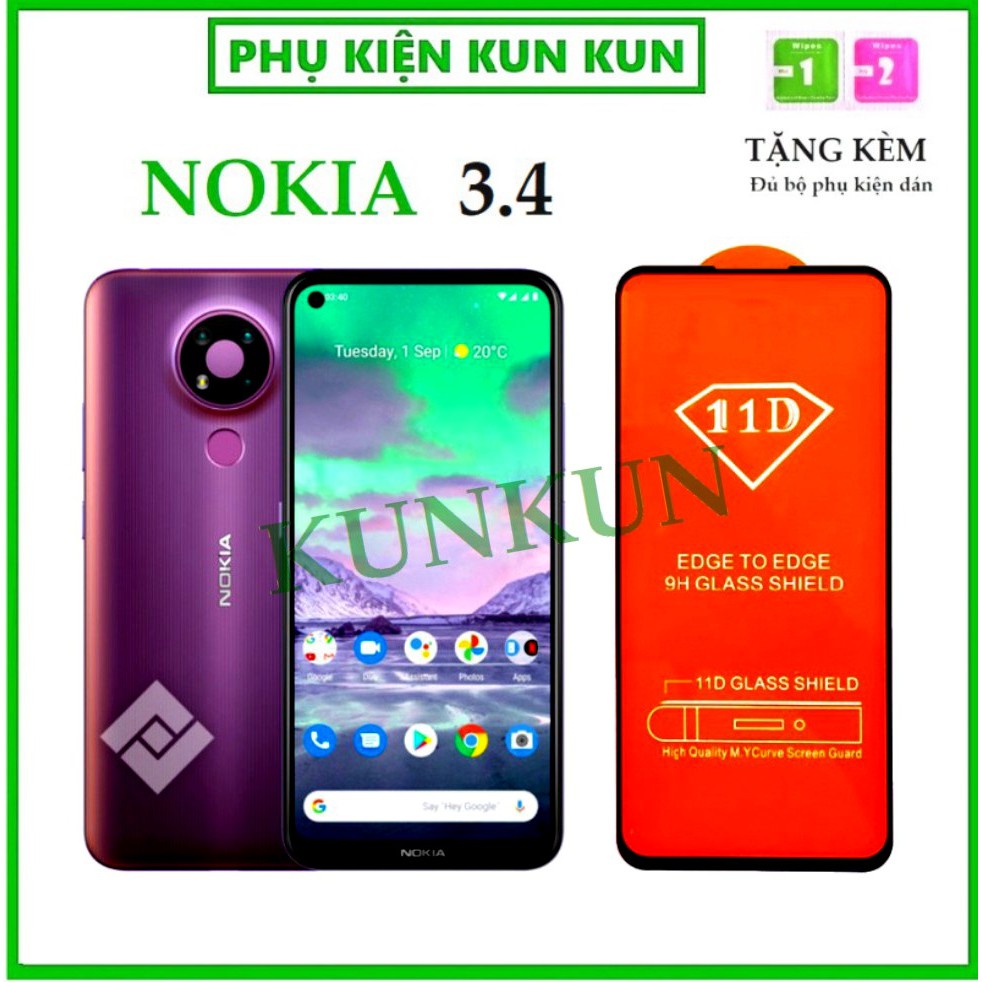 Kính Cường Lực Nokia 3.4 - Siêu chất lượng - Full màn hình 11D - Độ cứng 9H - Độ trong suốt cực cao [FreeShip_50K]