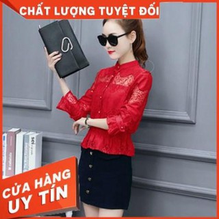 Áo ren thiết kế cổ trụ, peplum, tay loe