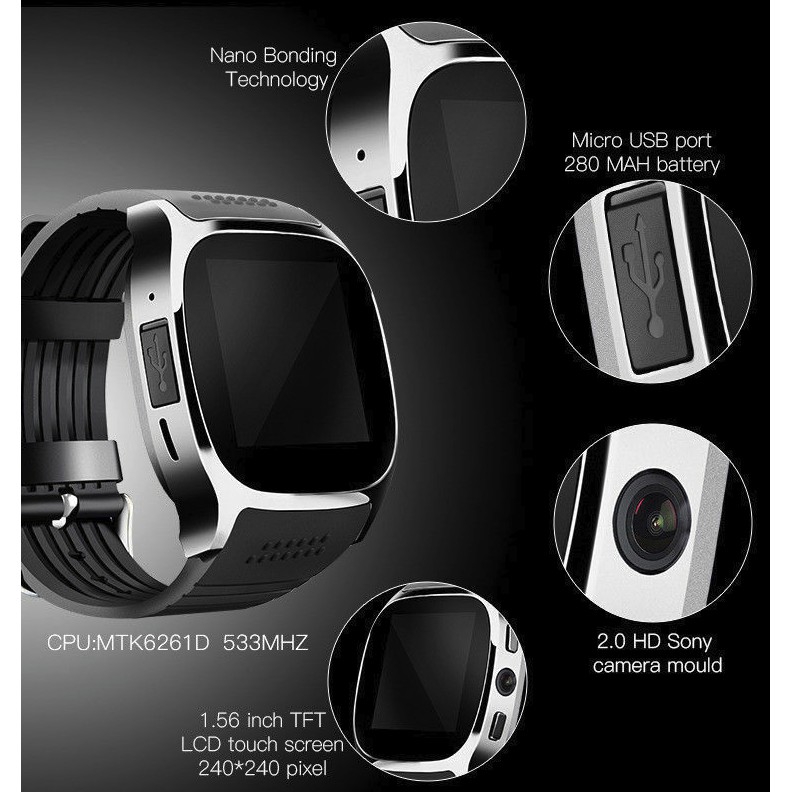 Smart Horloge met Camera Touch Screen T8 Bluetooth Slimme Horloge Ondersteuning SIM en TF card Camer