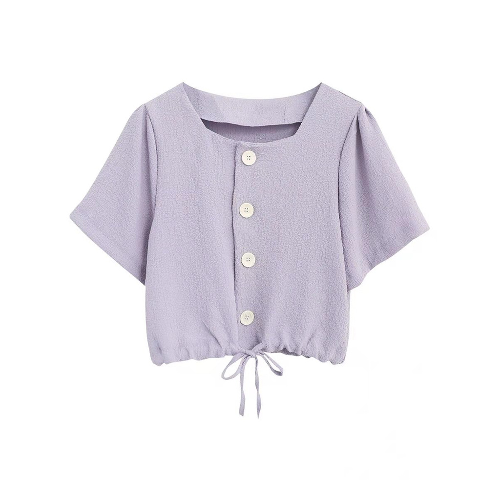Women's French Square Neck Drawstring Design Shirts Loose Fashion Summer Solid Short Sleeve Crop Tops | BigBuy360 - bigbuy360.vn