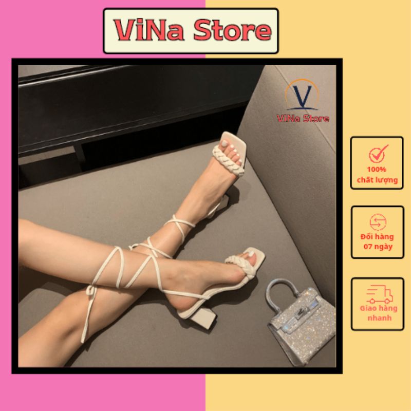 Giày sandal nữ cao gót đế vuông 5-7 phân quai quấn cổ chân hottrend 2022 VINA STORE mã S08
