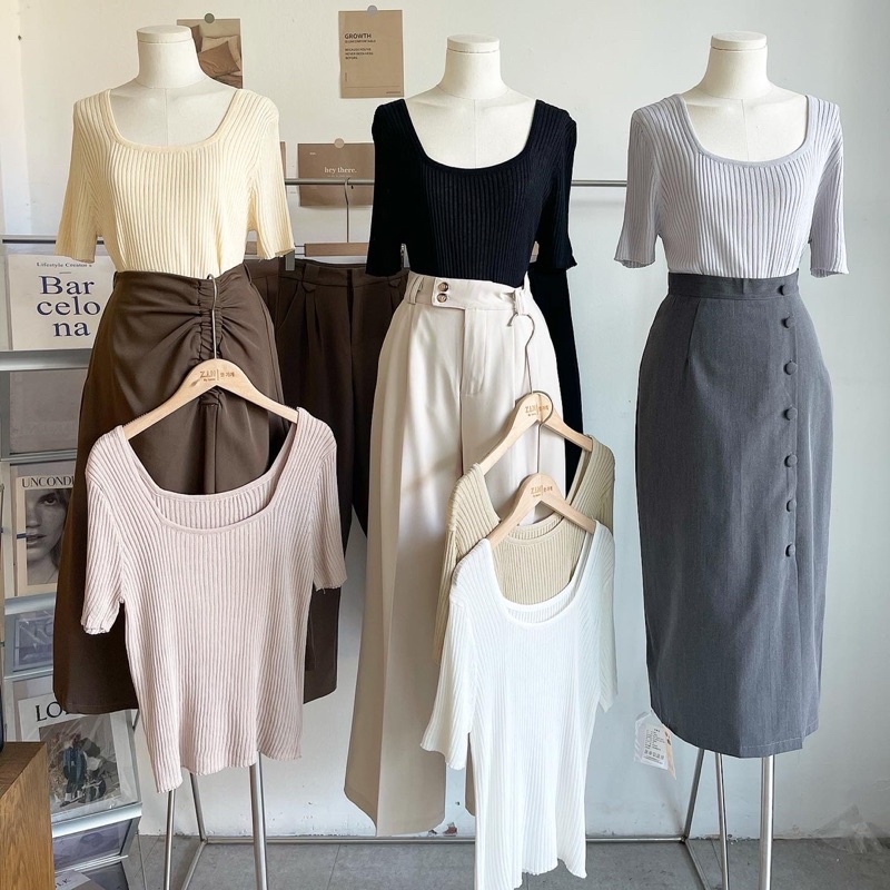 Áo montagut cổ vuông, bảng màu vintage chất mát