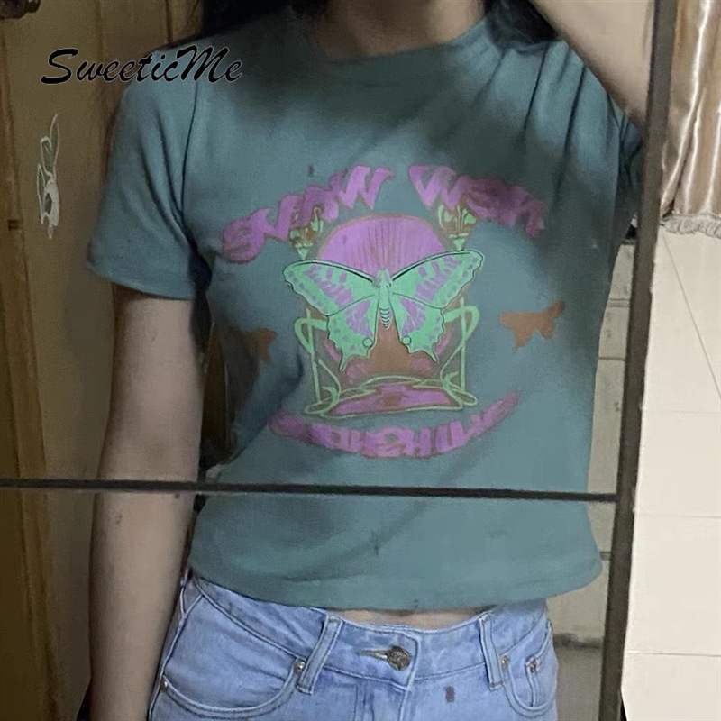 Áo Thun Cổ Tròn Tay Ngắn Cổ Tròn In Hình Bướm Phong Cách Retro Thời Trang Hàng Mới Dành Cho Nữ