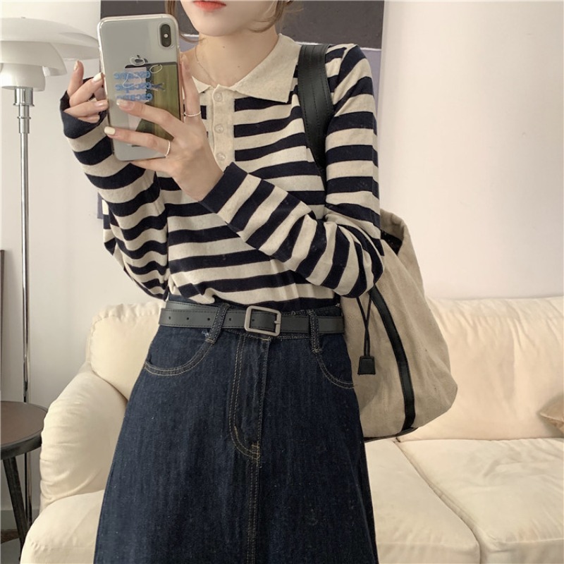Bộ Áo Sơ Mi Kẻ Sọc + Chân Váy Denim Dài Lưng Cao Xinh Xắn Theo Phong Cách Retro Hàn Quốc | BigBuy360 - bigbuy360.vn